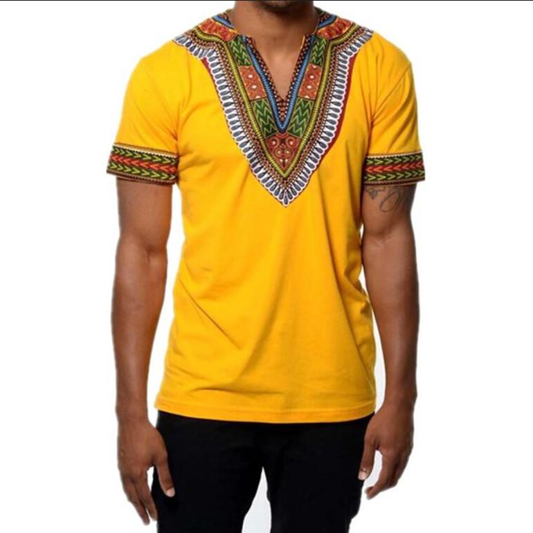 Bestnify apparel Nieuwe zomer Afrikaanse etnische stijl bedrukt V-hals T-shirt met korte mouwen XXL geel