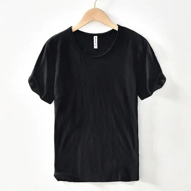 Liyugen Men's O-Neck Casual Retro Raw Edge T-Shirt  Cotton Lightweight Breathable Slim-fit Monochromatic Basic Top M