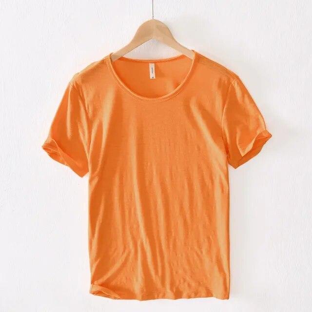 Liyugen Men's O-Neck Casual Retro Raw Edge T-Shirt  Cotton Lightweight Breathable Slim-fit Monochromatic Basic Top S oranje