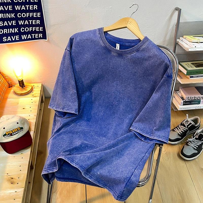King Billion Katoenen gewassen heren T-shirts Vintage effen T-shirts Casual Harajuku Retro korte mouw top Losse basic ronde hals XXXL blauw
