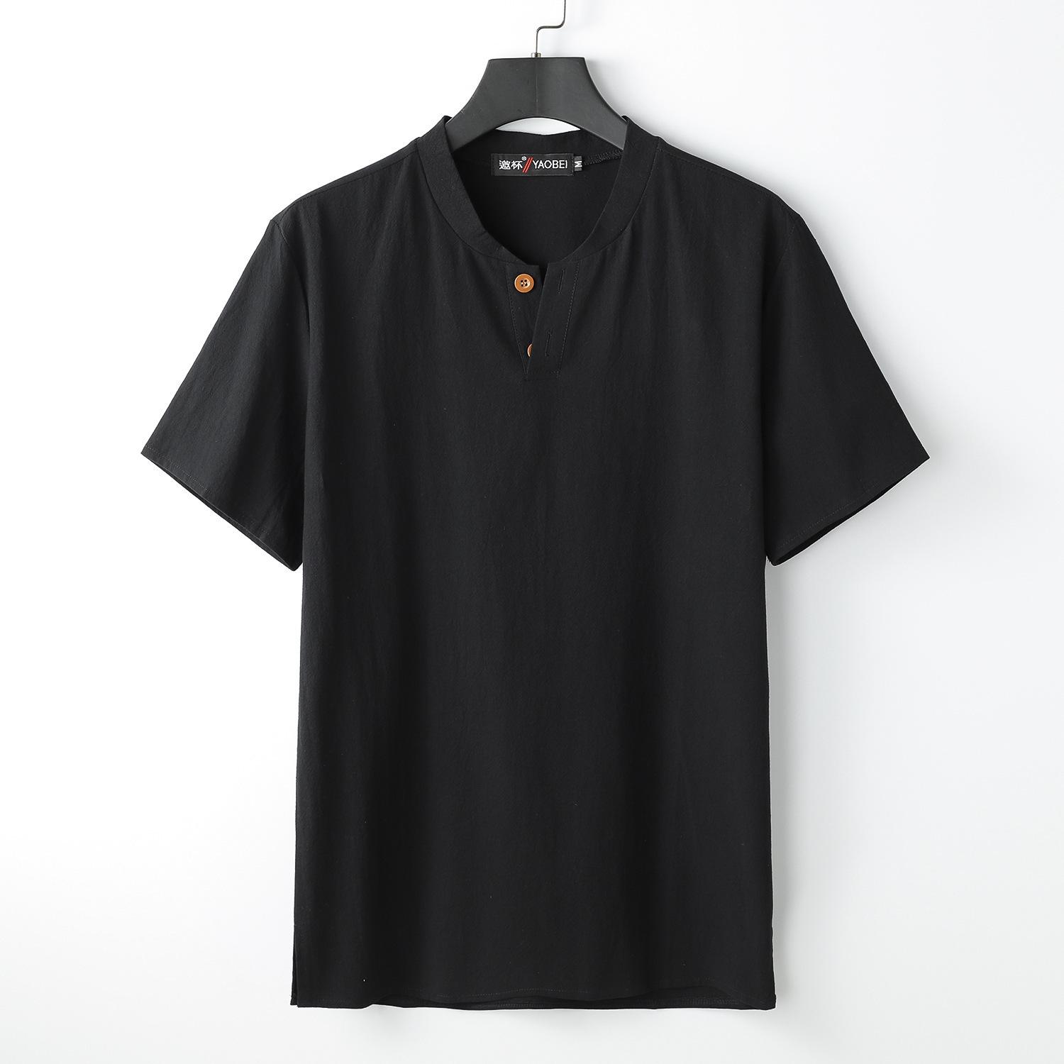 QGOOD Zomer Vest Heren Korte Mouwen T-shirt Katoen En Linnen Led Casual Heren T-shirt Shirt Mannelijke Ademend XXXXL zwart