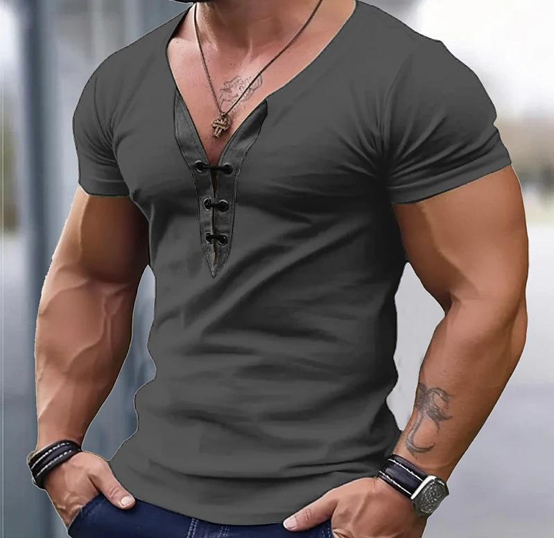 FEGKZLI Fashion Heren casual T-shirts met korte mouwen, knoop V-hals, vintage zomerspier-T-shirt voor heren XL grijs