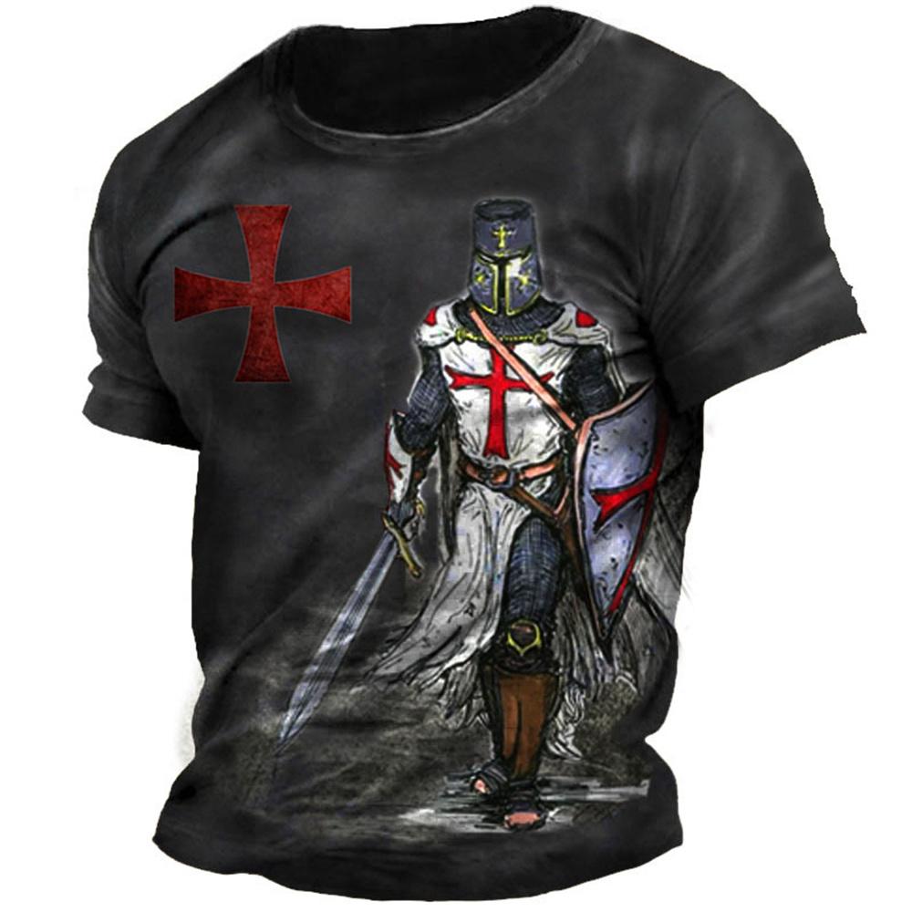 ETST WENDY Retro Tempeliers Print Heren T-shirts Zomer Losse Polyester Korte Mouw Mannelijke Tops Crusader Soldaat Kleding Kleding 6XL
