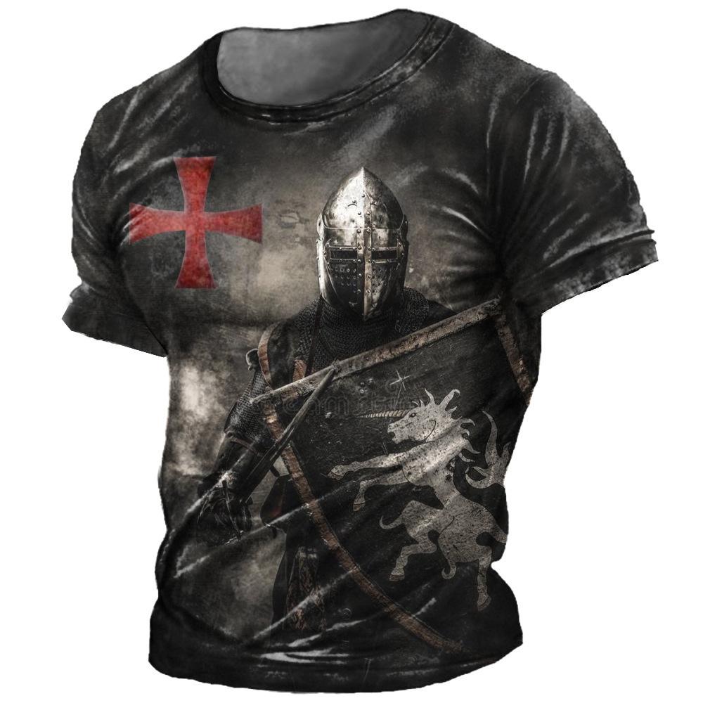 ETST WENDY Retro Tempeliers Print Heren T-shirts Zomer Losse Polyester Korte Mouw Mannelijke Tops Crusader Soldaat Kleding Kleding 3XL