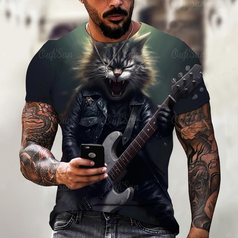 Xuhaijian02 Grappig T-shirt voor heren Zomer Korte mouw Dieren T-shirts Rock Cat 3d Print Mode Casual Straat Oversized Herenkleding M