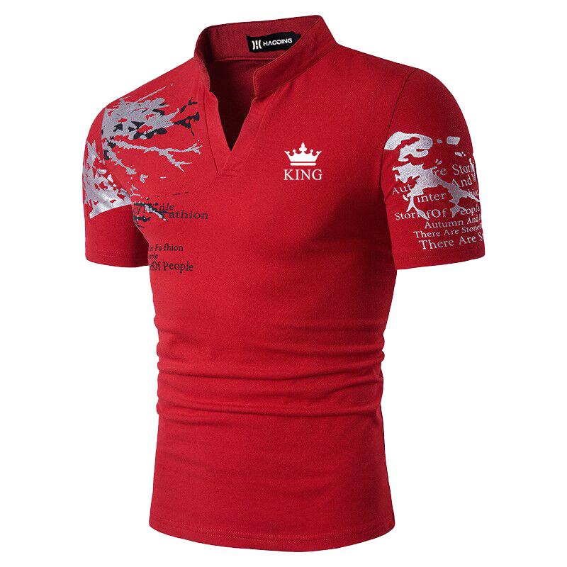 Haodingfushi Heren zomer T-shirt met korte mouwen en staande hals, heren zomer slank T-shirt S rood