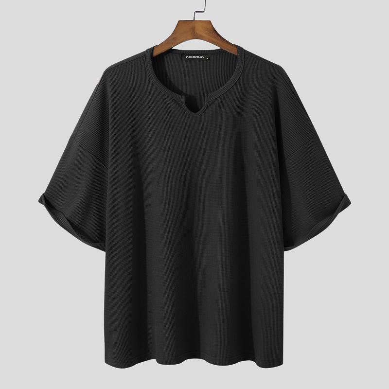 INCERUN Zomer Heren Baggy O-hals Gebreide T-shirts met korte mouwen en losse T-shirts S zwart