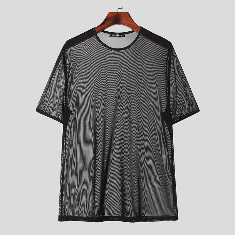 INCERUN Heren doorzichtige mesh tops met korte mouwen S