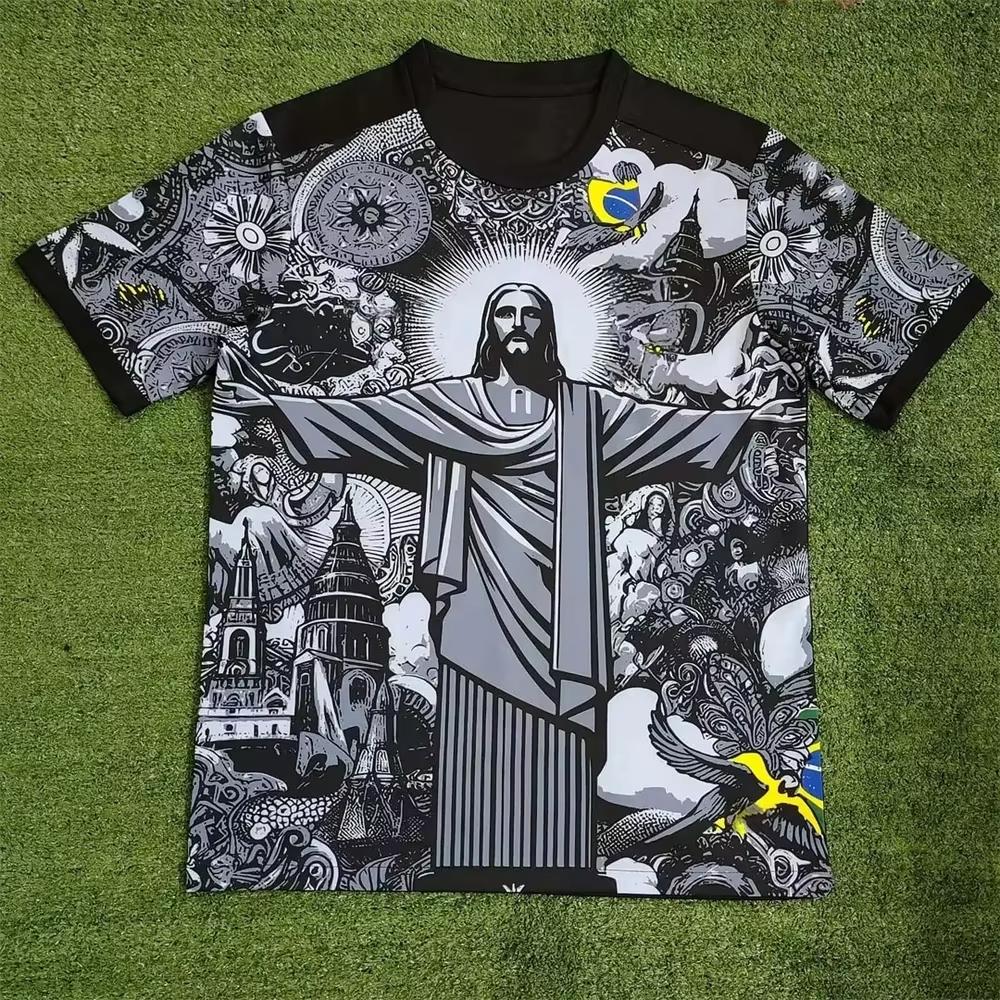 Zengyanqin02 Zomer Voetbal Trainingstop Brazilië Speciale Editie Jezus Zwart Grijs Voetbalshirt Volwassenen Kinderen Buiten Heren T-shirts Hot Top M