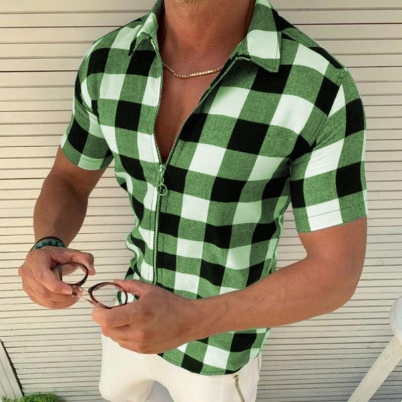 Bestnify apparel Geruit bedrukt overhemd Zomermode Heren T-shirt met korte mouwen en capuchon en ritssluiting uit één stuk S groen