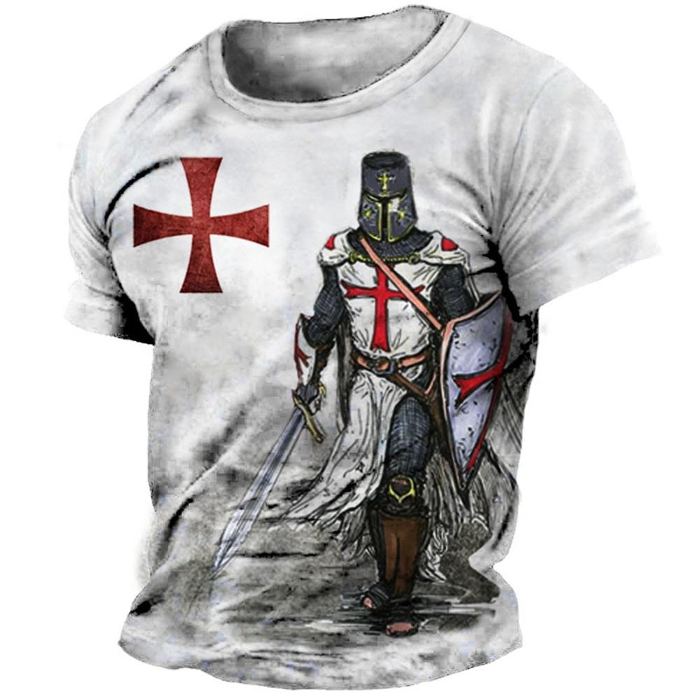 ETST WENDY Retro Tempeliers Print Heren T-shirts Zomer Losse Polyester Korte Mouw Mannelijke Tops Crusader Soldaat Kleding Kleding 4XL