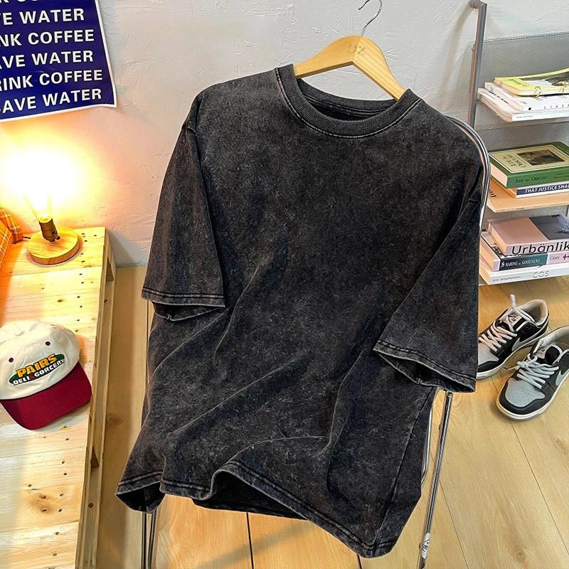 King Billion Katoenen gewassen heren T-shirts Vintage effen T-shirts Casual Harajuku Retro korte mouw top Losse basic ronde hals XL