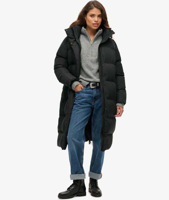 Superdry Lange Pufferjas met Capuchon Black