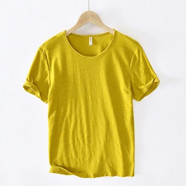 Liyugen Heren O-Hals Casual Retro Raw Edge T-Shirt Katoen Lichtgewicht Ademend Slim-fit Monochroom Basis Top XXL