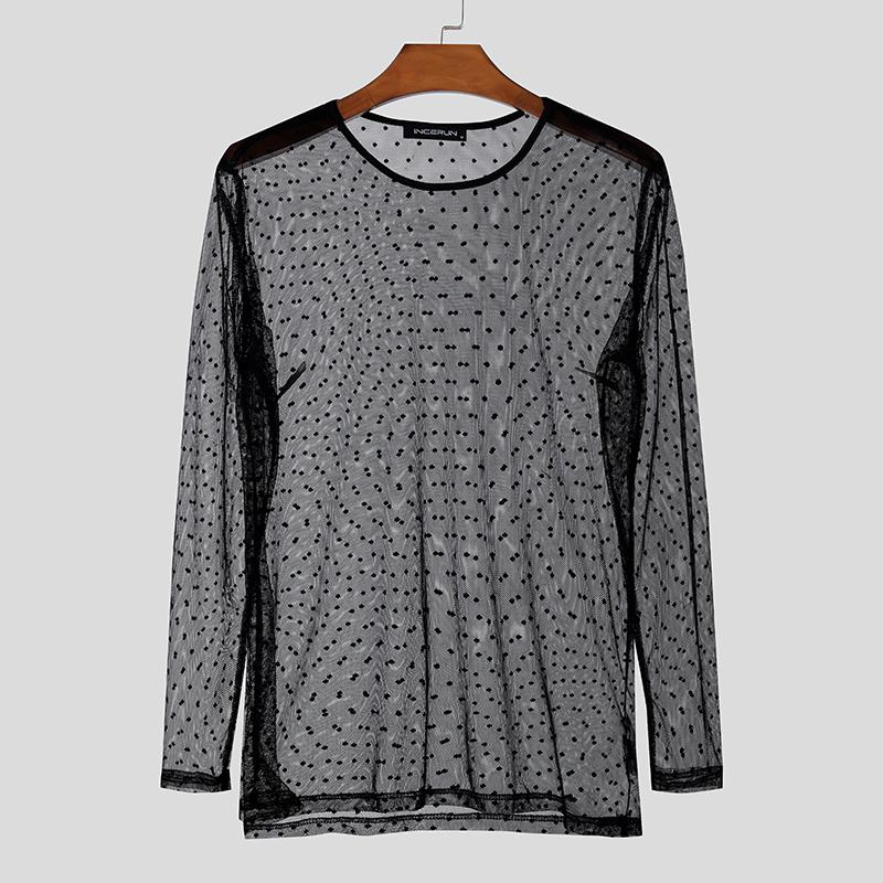 INCERUN Heren Lange Mouw Polka Dots Doorzichtige Tops Club Party Mesh T-shirts S zwart