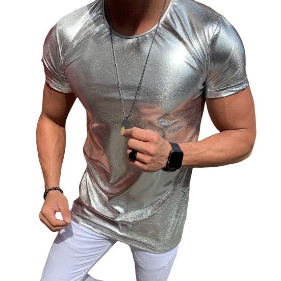 MenWardrobe Zomer Heren T-shirt Glanzend Oppervlak Bronzing Slim Fit O Hals Effen Kleur Korte Mouwen Trui Feest Club Prestatie Dans Streetwear Top M