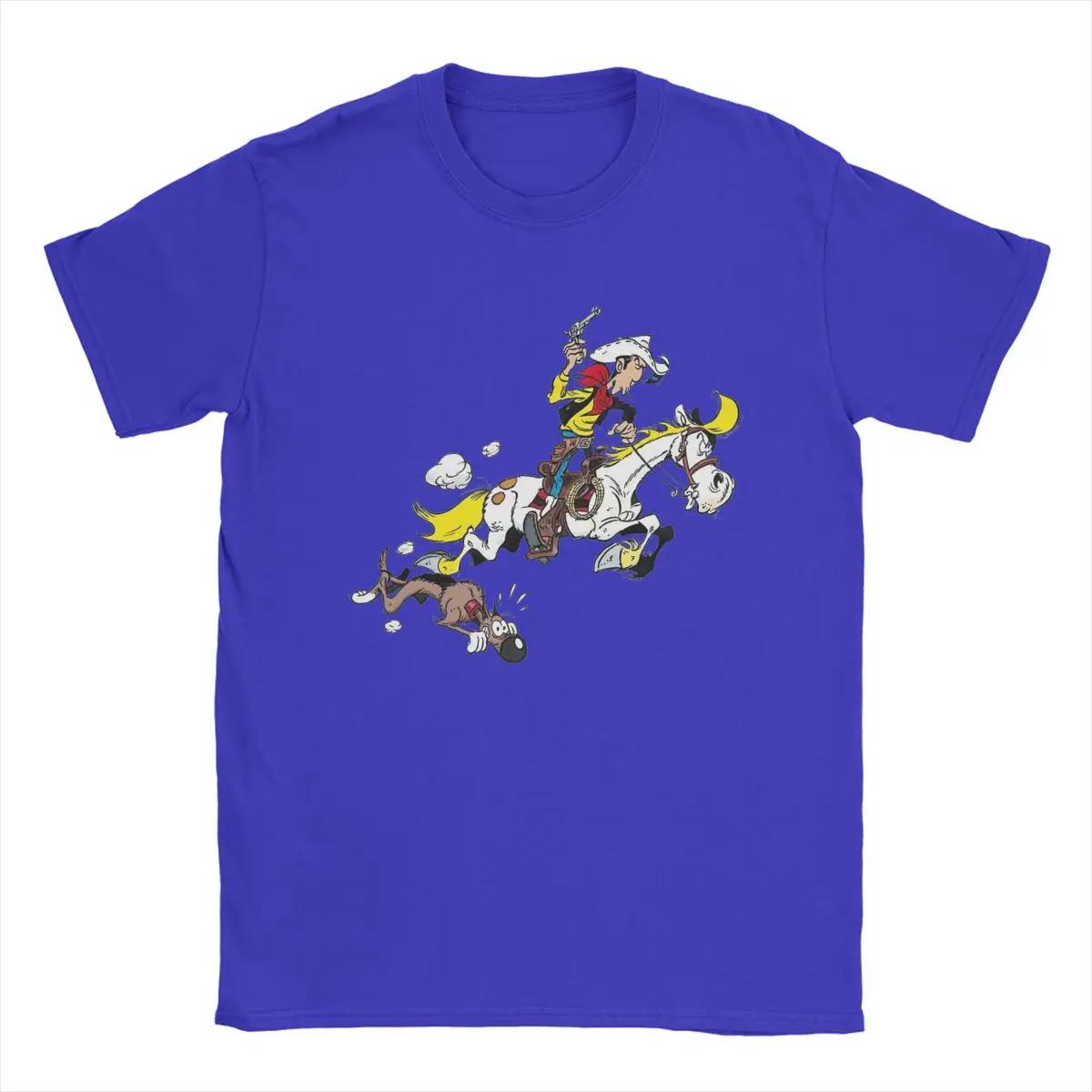 Comfortable season Lucky Luke T-shirts Heren 100% Katoen Casual T-shirts Ronde Hals T-shirt Korte Mouw Kleding Plus Maten XXL blauw