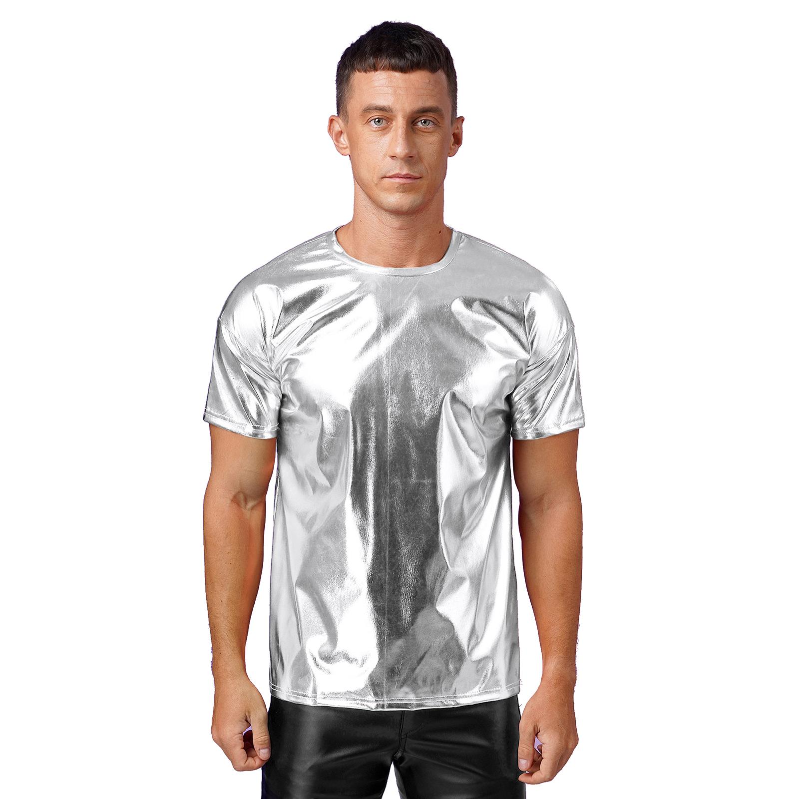 Yunduantong-Adult Mens Metallic Shiny Performance Top with Round Neck and Short Sleeves for Club Shows or Dance Parties M