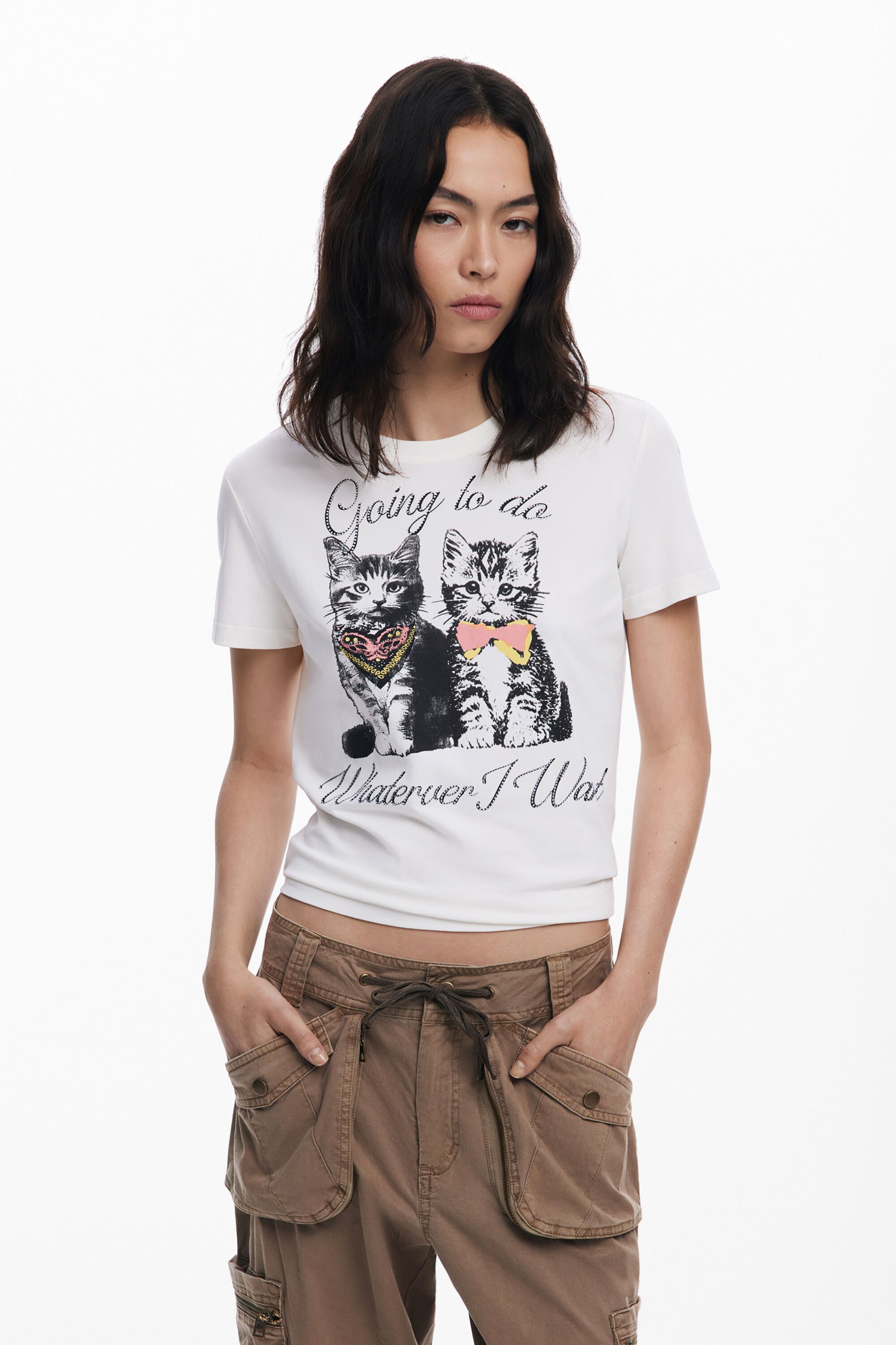 Desigual T-shirt met katten en strass - WHITE