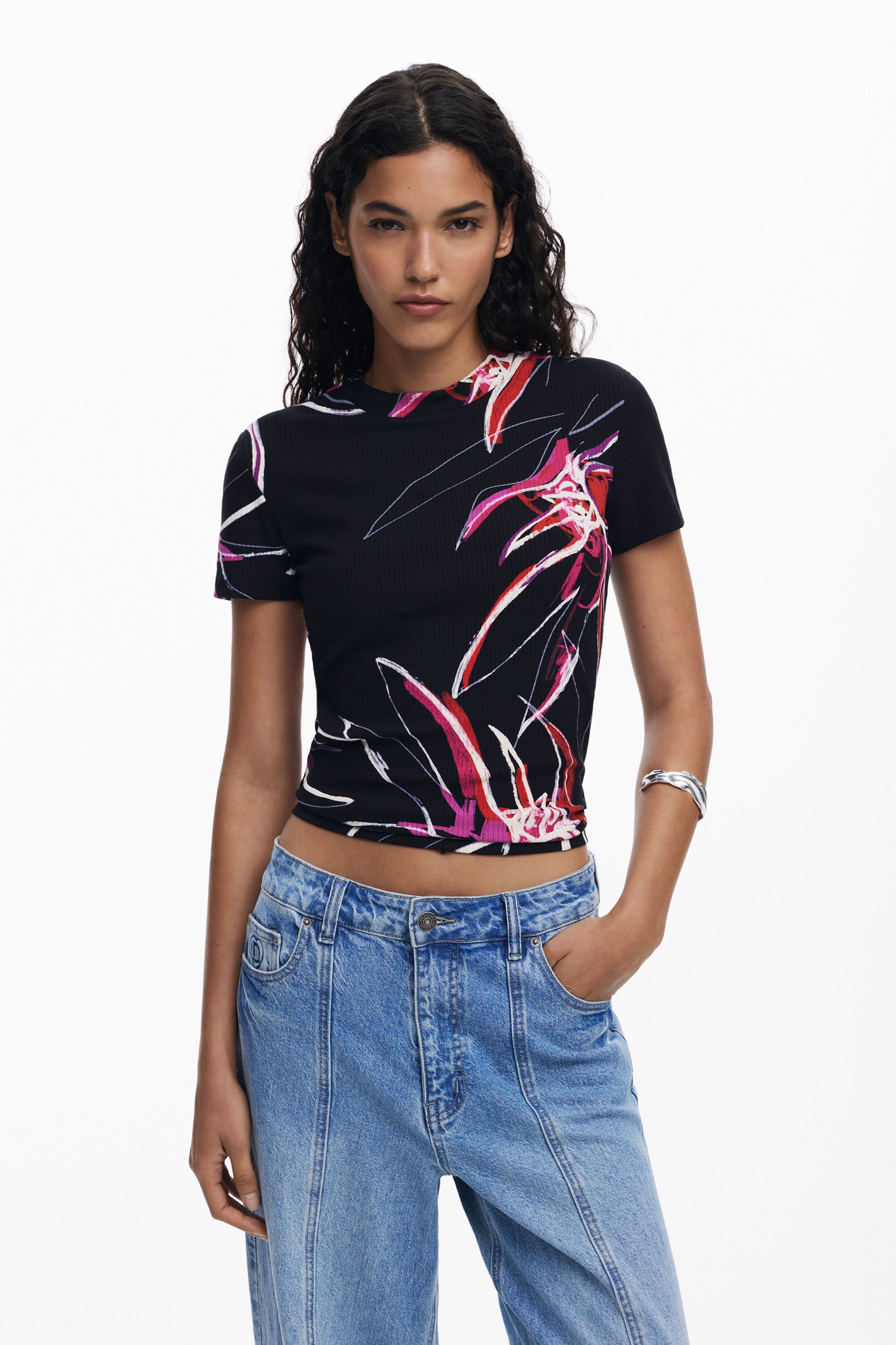 Desigual T-shirt met abstracte bloemen - BLACK