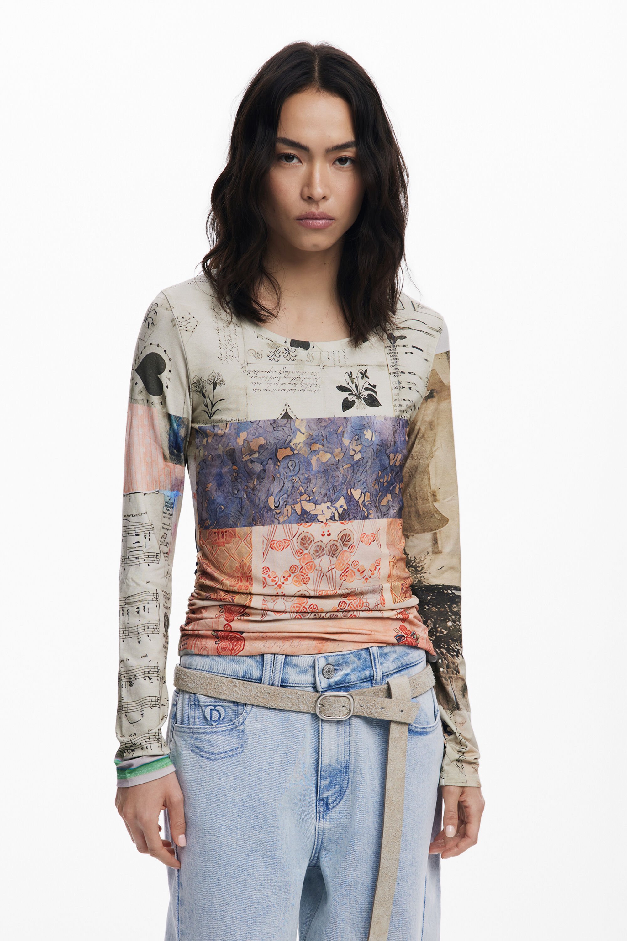 Desigual Collage geplooid T-shirt - MATERIAL FINISHES