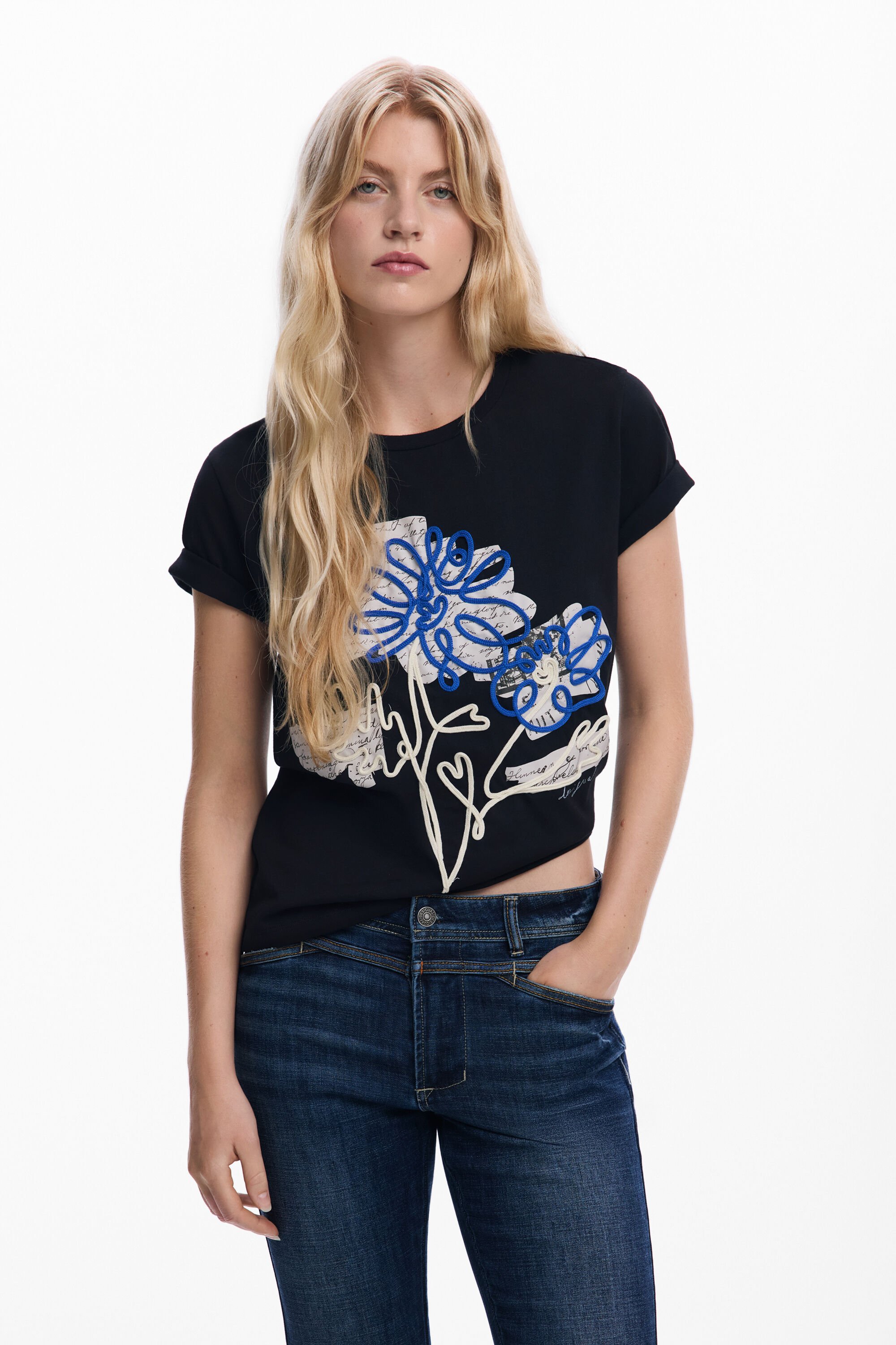 Desigual Bloemen T-shirt met koord - BLACK