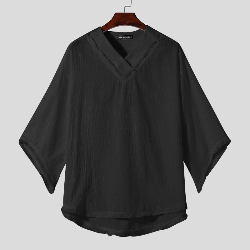 INCERUN Vintage Heren V-hals Vleermuismouwen Oversized Onregelmatige Baggy Tops 5XL zwart