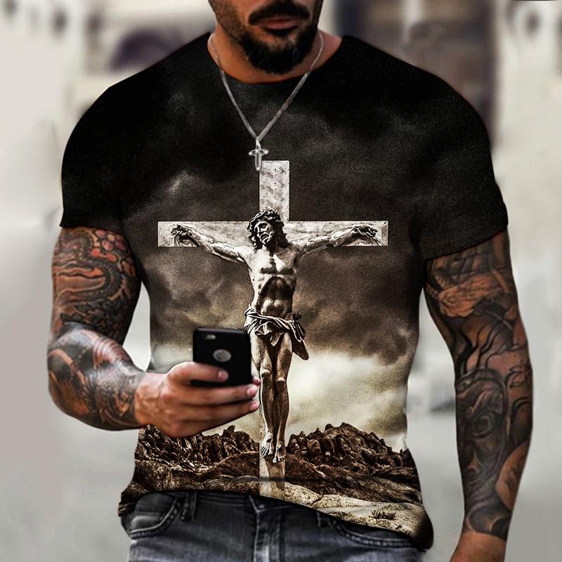 WowClassic Zomer Ronde Hals 3D God Religie Christus Jezus Kruis Print Top Modieuze Casual Korte Mouw Heren T-shirts S