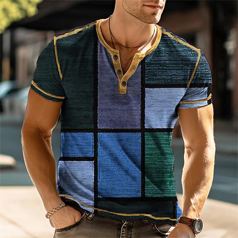 Our T-shirts 3D-print patchwork kleurblok vintage Henley-shirts herenmode oversized overhemden met korte mouwen tops kleding 6XL