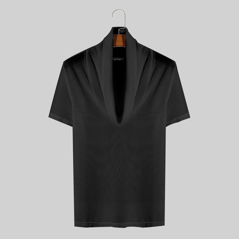 INCERUN Heren Coltrui Korte Mouw Slim Fit Muslce Mesh T-shirts 3XL zwart