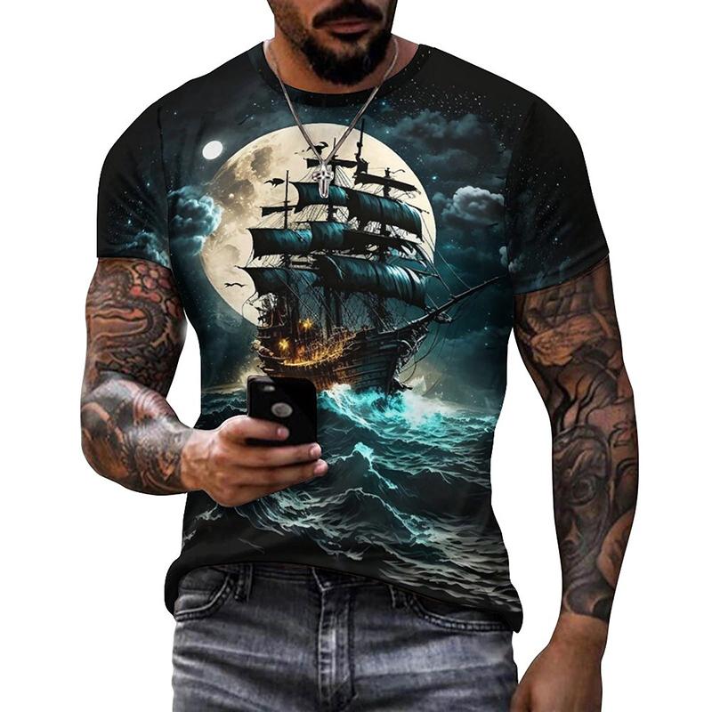 ETST 05 Summer Mens T Shirts Casual Loose T-shirt Sail Boat Pirate Ship 3D Printed O Neck Short Sleeve T Shirt Homme Oversized Quality 4XL