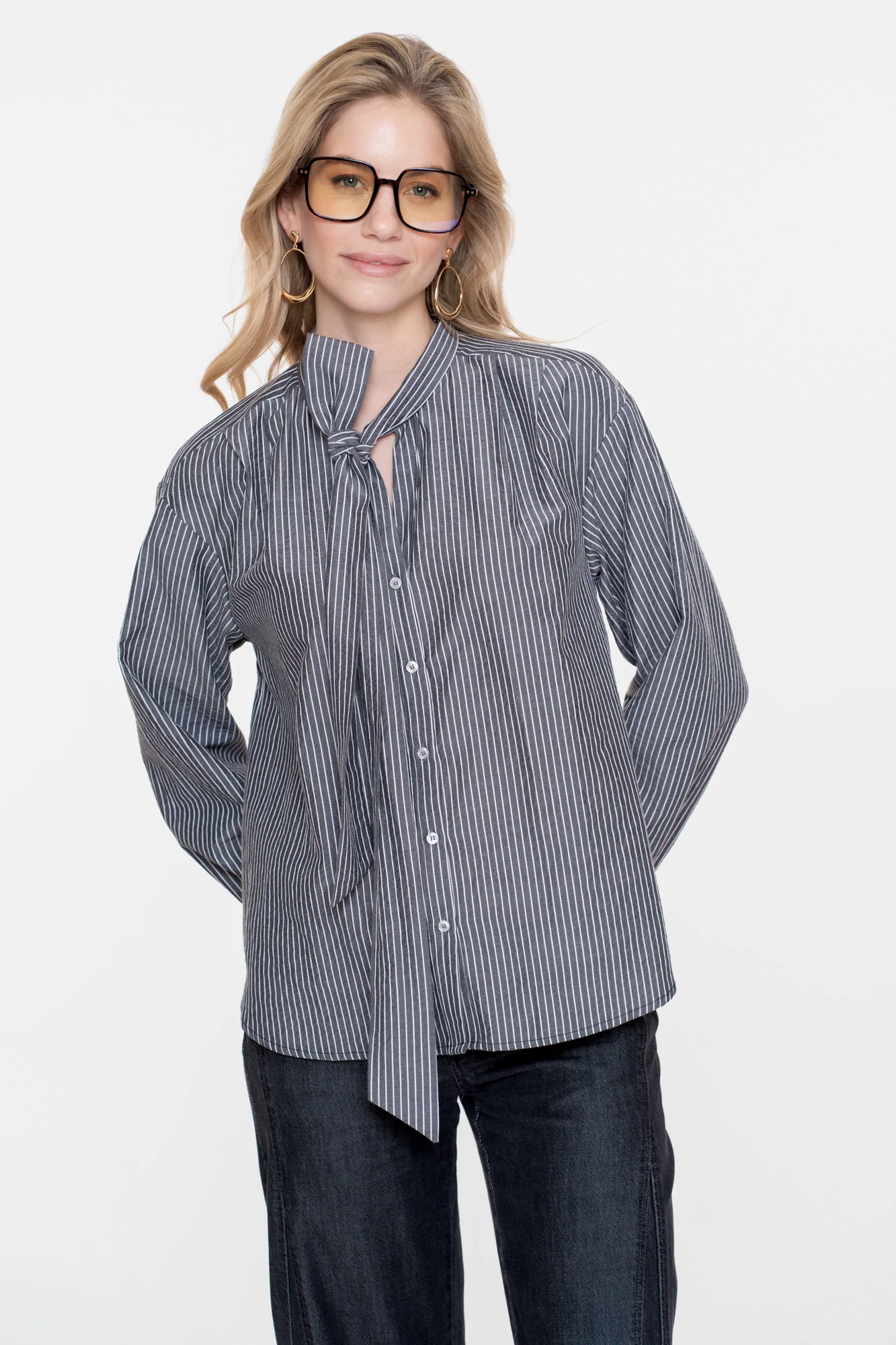 Geisha 53537-14 925 blouse stripes with bow grey/white