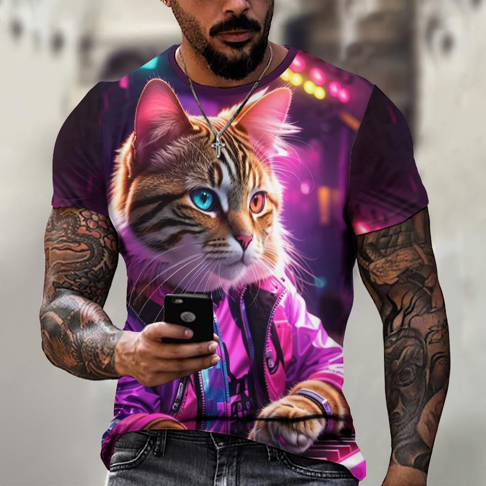 HerSight Casual heren T-shirt Stray Cat patroon bedrukt T-shirt Losse korte mouwen T-shirt Oversized herenkleding Tops Streetwear Zomer 4XL
