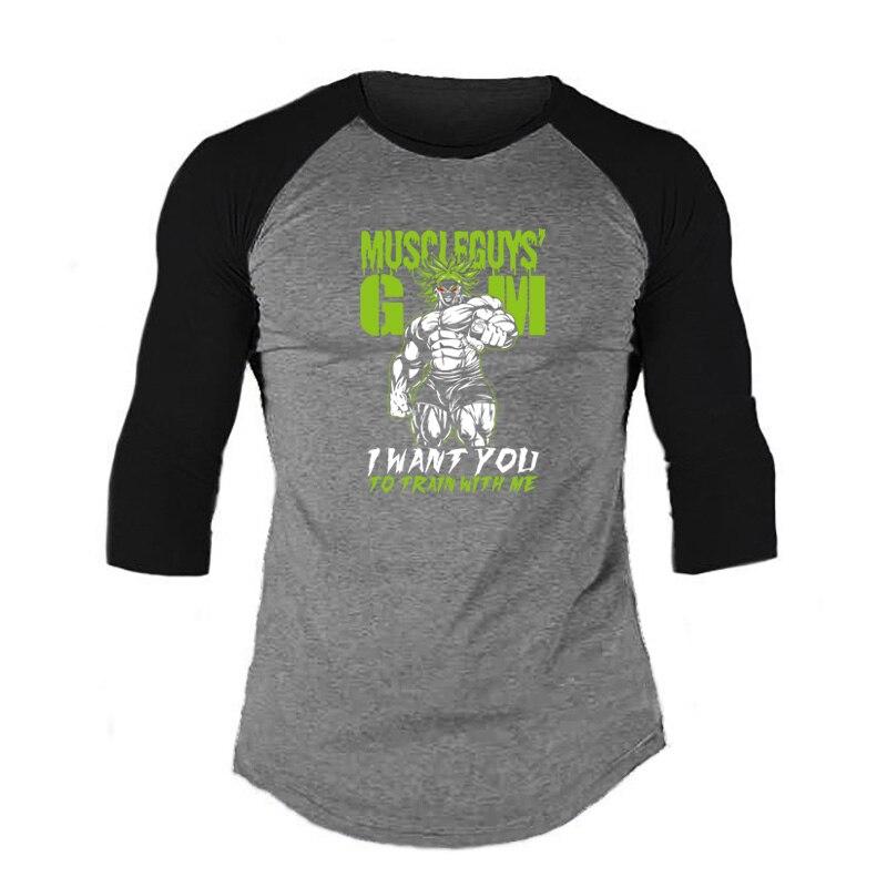 Muscleguys Heren Hot Item Causaal T-shirt met 3/4 mouwen Mannelijke print Fitness Katoenen T-shirts Bodybuilding 3/4 mouwen Sportscholen Kleding Spier Jongens Tops L grijze kleur/zwart