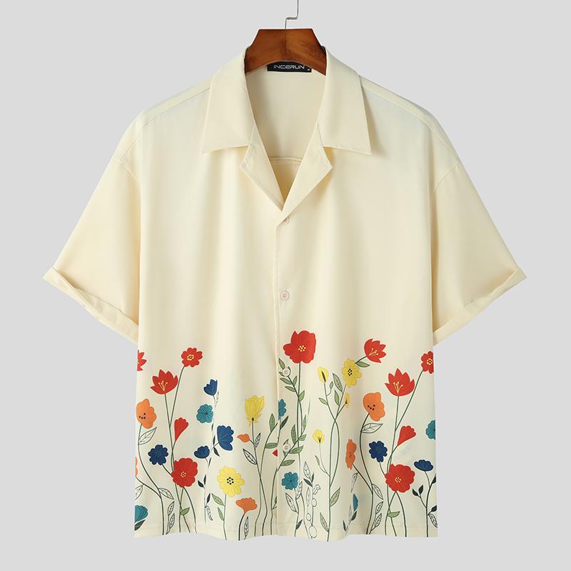 INCERUN zomerprint heren korte mouwen vakantie casual losse shirts S beige