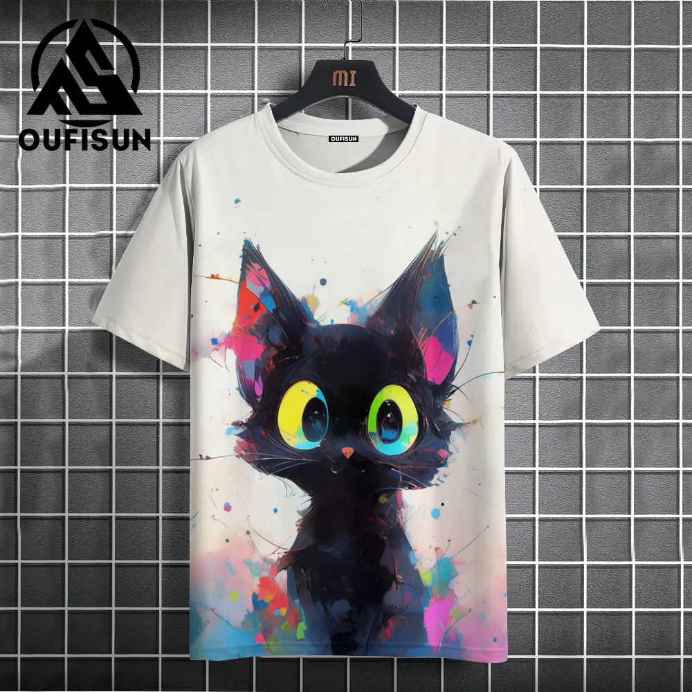 Xuhaijian02 Zomer Heren T-shirt Dier Schattige Kat Print Ronde Hals Korte Mouw Tee Street Trend Tops Oversized Herenkleding T-shirt Voor Heren S