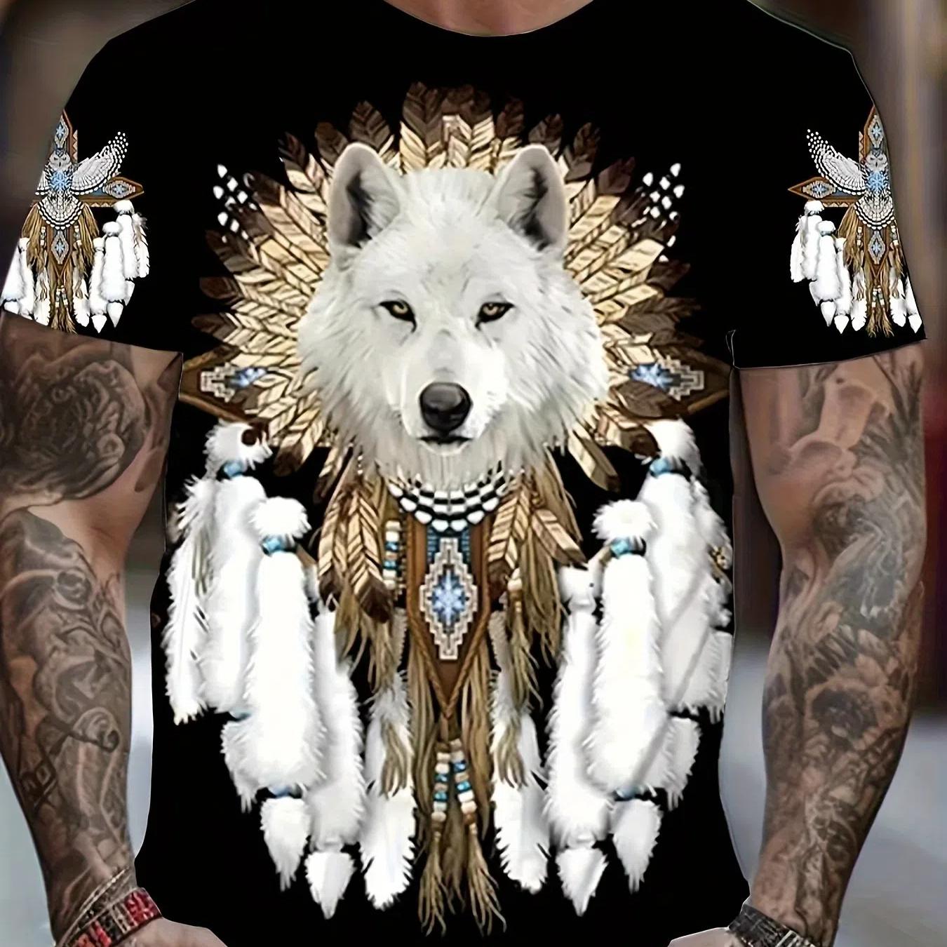 ETST 07 Heren 3D Etnische Totem Wolf Bedrukt Ronde Hals Polyester Korte Mouw Casual T-shirt Outdoor Lente Zomer Herenkleding 6XL zwart
