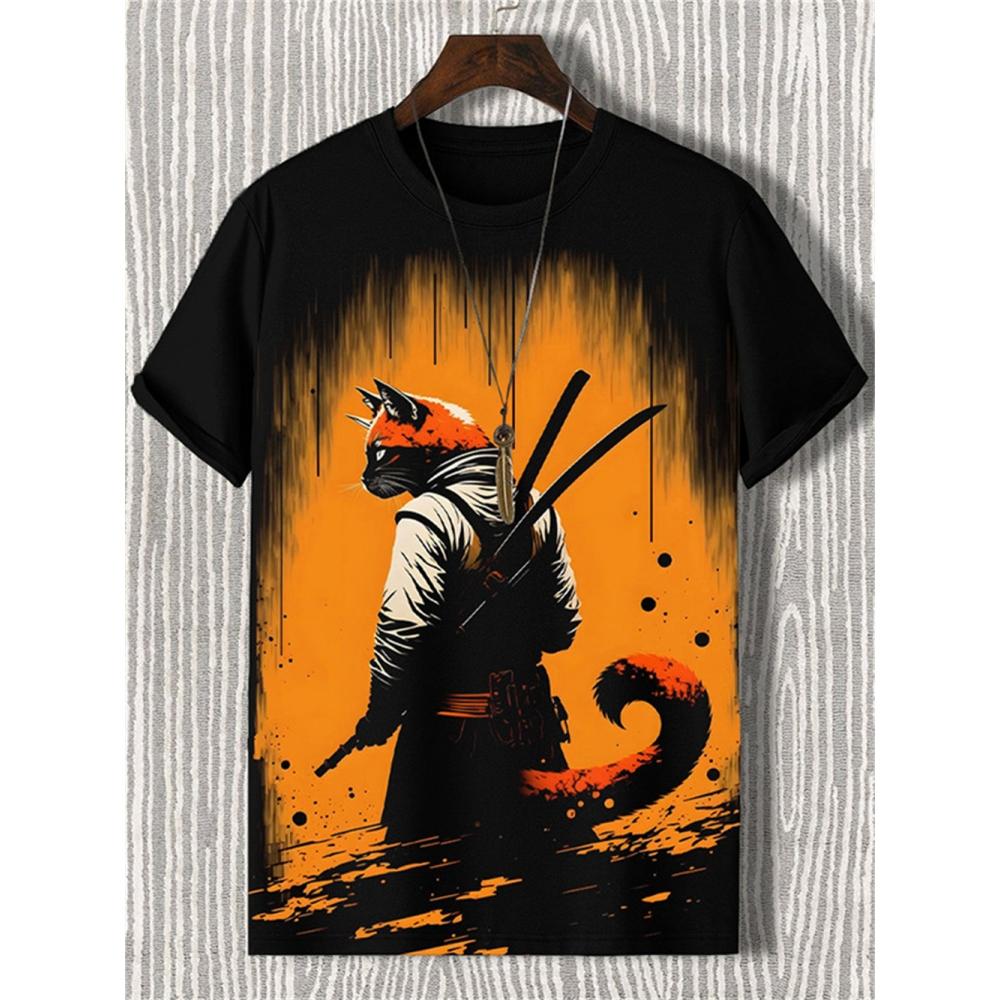 ETST0012 Japanse Samurai Kat Heren T-shirt Zomer Mode Korte Mouw Casual Top Losse Ademende Micro Elastische O Hals T-shirt Heren 2XL