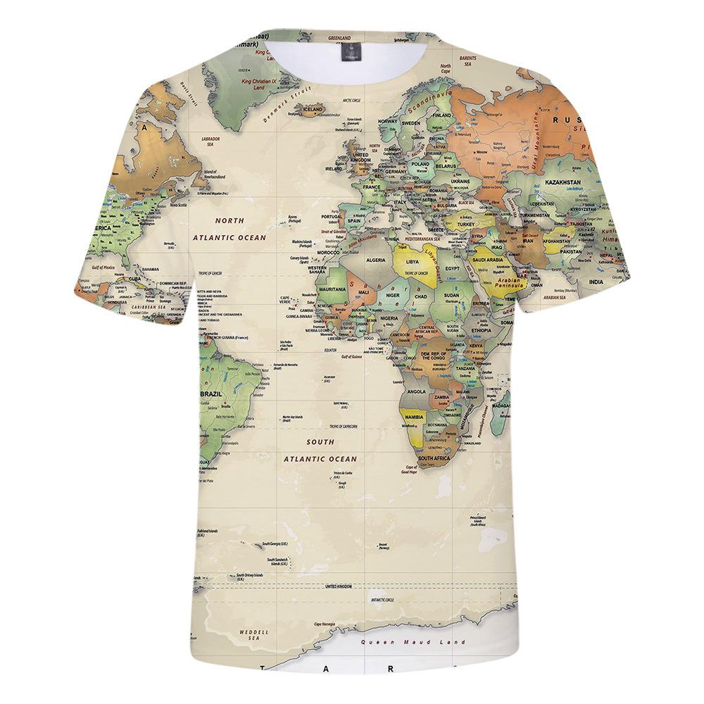 Jessyca Lady Summer Round Neck 3D World Map Printed Top Fashionable Casual Short Sleeved Men's and Boys' T-shirts 2XL