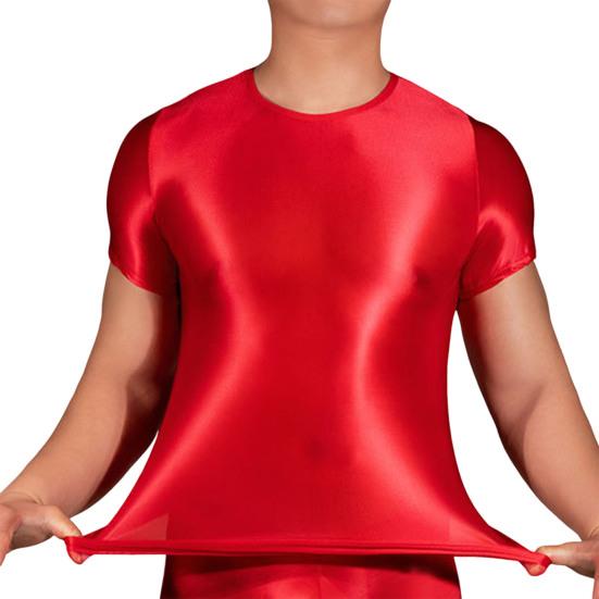 Borderless Boutique Men T-shirt Thin High Elasticity Round Neck Short Sleeves Slim Fit Good Breathability See-through Glossy Surface Top rood