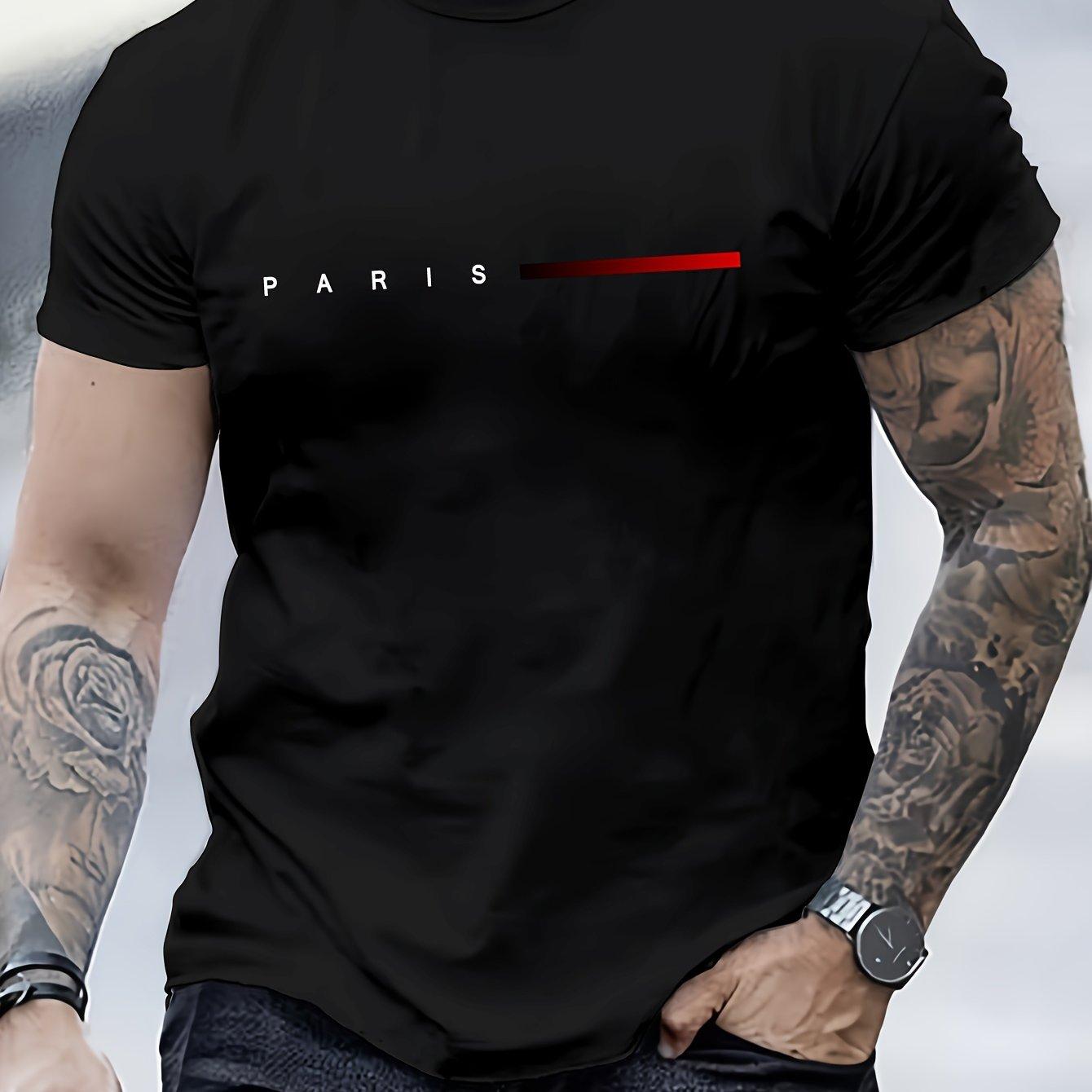 WowClassic Men's 100% cotton summer loose PARIS Creative Letter print casual slim fit round neck short sleeved T-shirt top S