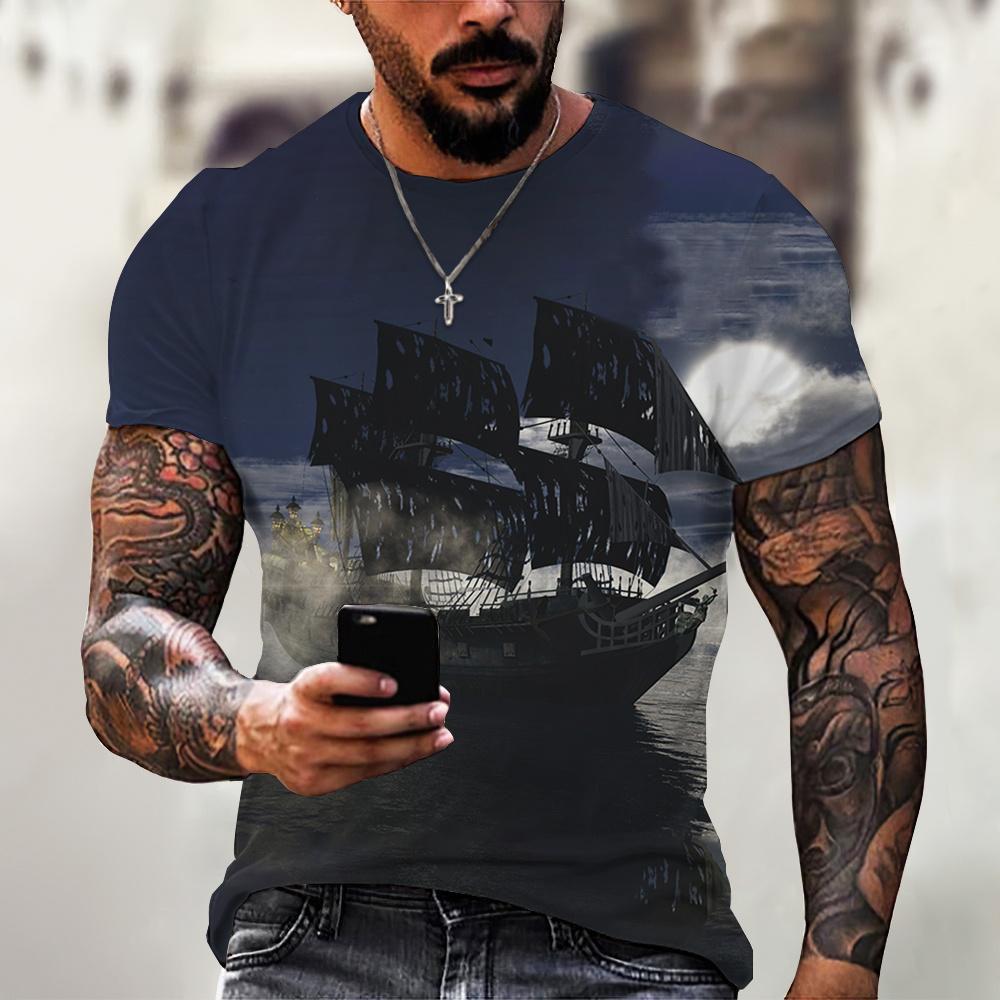 Kukebang Vintage mannen schip T-shirts 3D gedrukt piratenschip ronde hals korte mouw T-shirt voor mannen oversized tops tee shirt XL