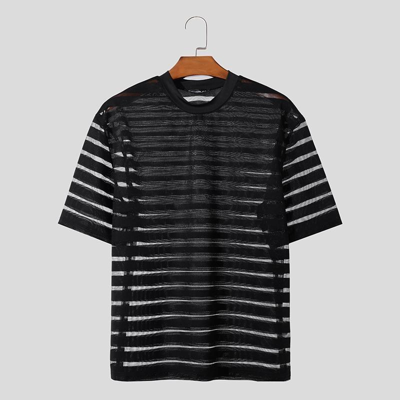 INCERUN Gestreepte, doorzichtige T-shirts met korte mouwen en ronde hals voor heren S zwart