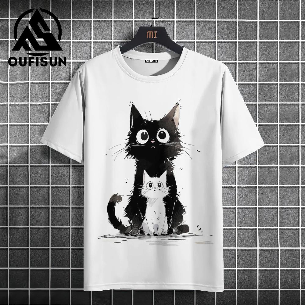 Xuhaijian02 Zomer Heren T-shirt Dier Schattige Kat Print Ronde Hals Korte Mouw Tee Street Trend Tops Oversized Herenkleding T-shirt Voor Heren M