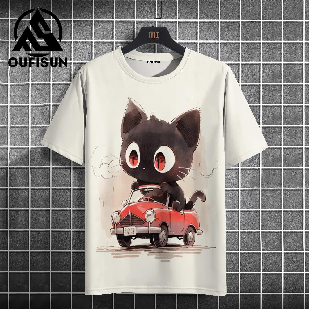 Xuhaijian02 Zomer Heren T-shirt Dier Schattige Kat Print Ronde Hals Korte Mouw Tee Street Trend Tops Oversized Herenkleding T-shirt Voor Heren L