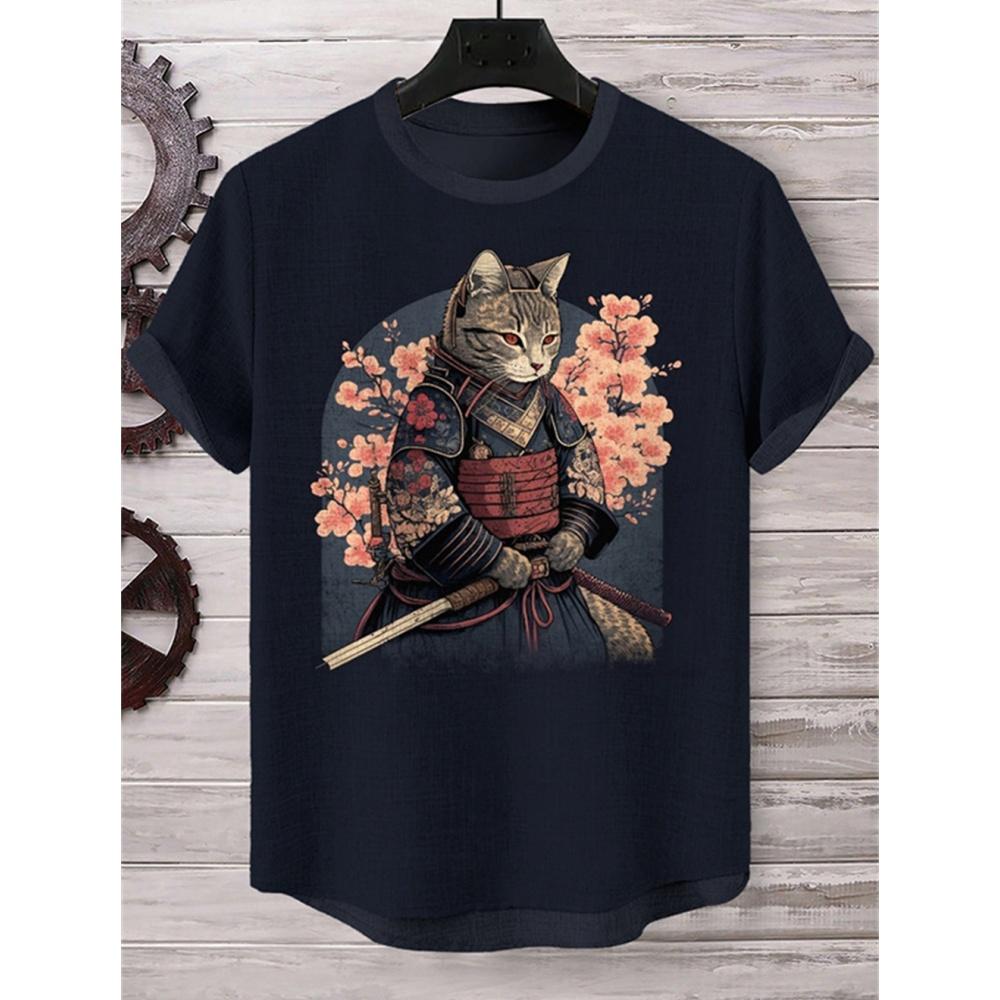 ETST0012 Japanse Samurai Kat Heren T-shirt Zomer Mode Korte Mouw Casual Top Losse Ademende Micro Elastische O Hals T-shirt Heren XL