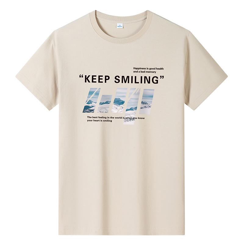 Bistrota Keep Smiling Mens Fashion Short-sleeved T-shirt Pure Cotton Casual Tee M-6XL 6XL abrikoos