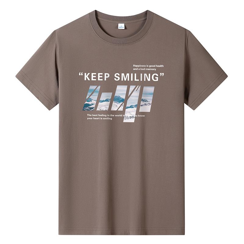 Bistrota Keep Smiling Mens Fashion Short-sleeved T-shirt Pure Cotton Casual Tee M-6XL XXXL koffie