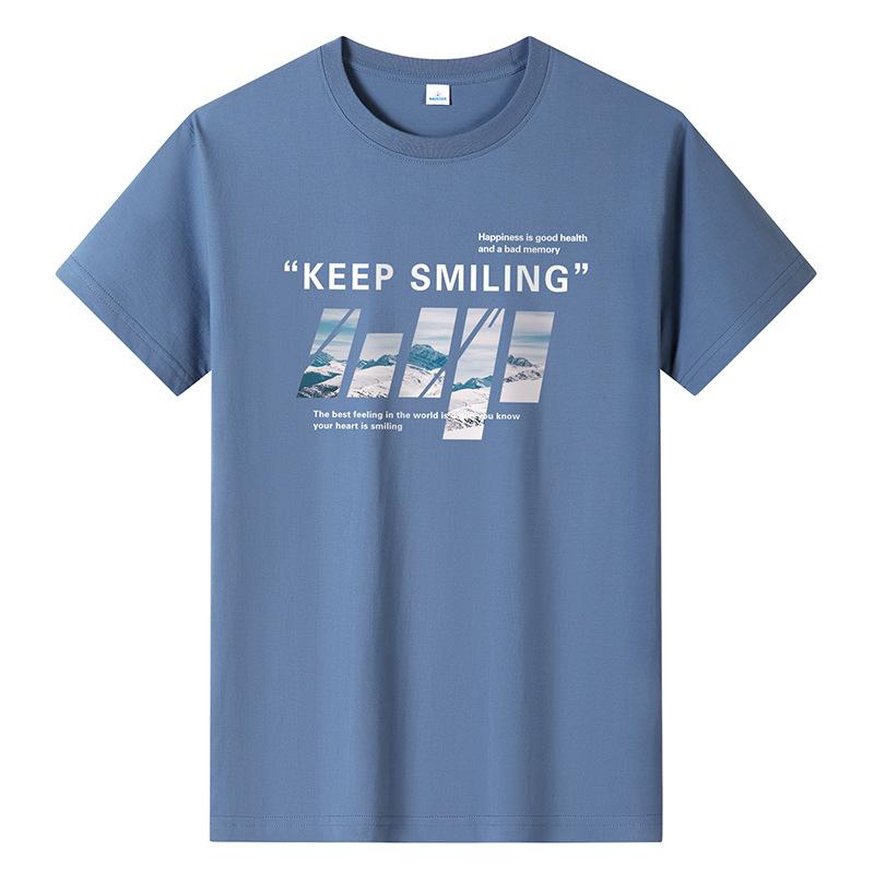 Bistrota Keep Smiling Mens Fashion Short-sleeved T-shirt Pure Cotton Casual Tee M-6XL XXL