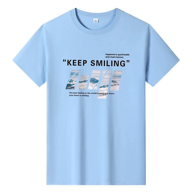 Bistrota Keep Smiling Mens Fashion Short-sleeved T-shirt Pure Cotton Casual Tee M-6XL 5XL lichtblauwe kleur